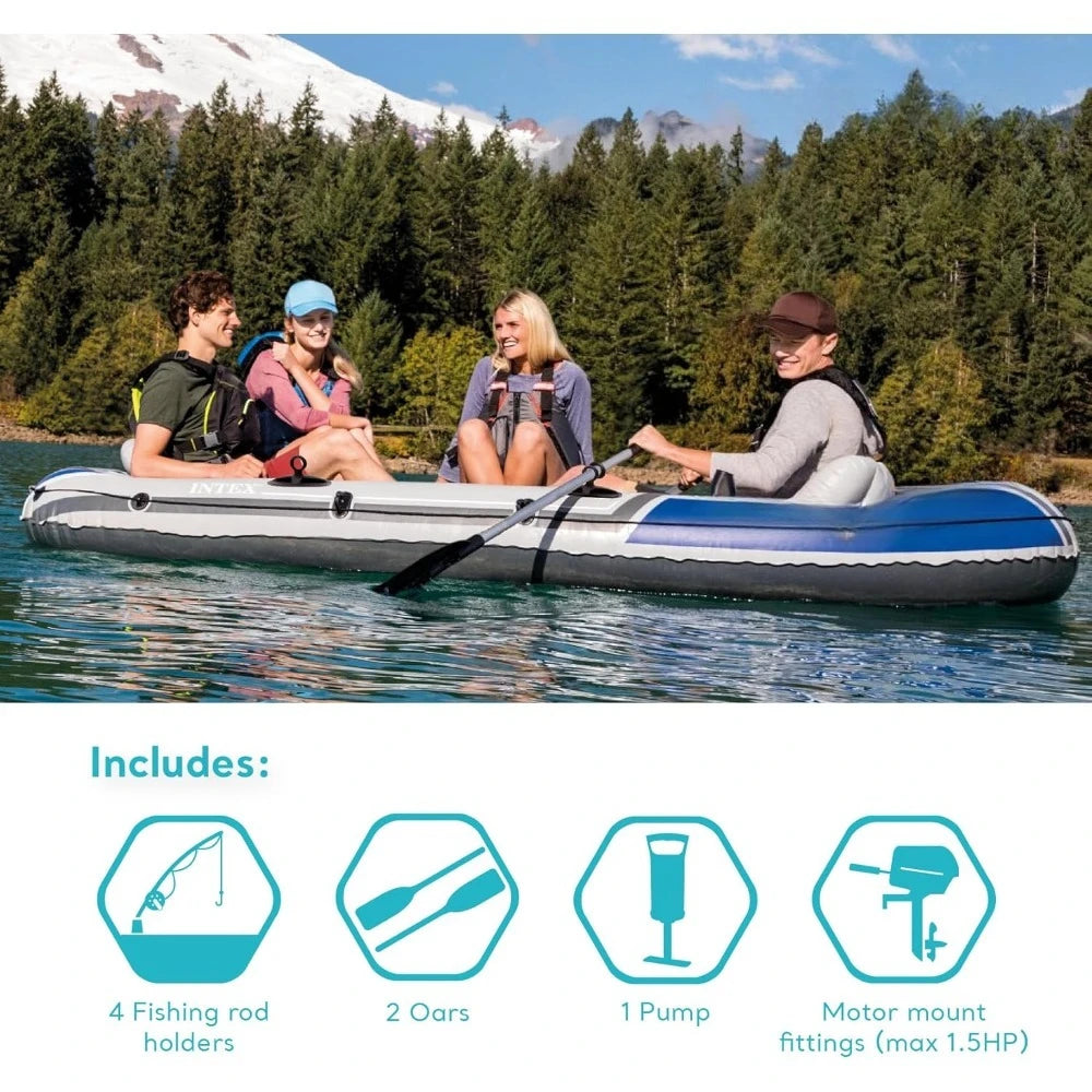 Excursion 5-Person Inflatable Boat Set – Includes 2 Aluminum Oars, High-Output Pump, 12V Transom Trolling Motor Mount Kit for Fishing & Recreation