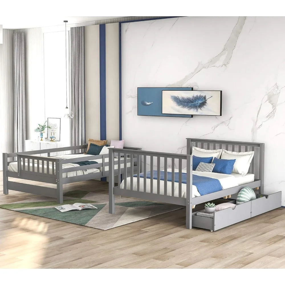 Full Over Full Bunk Bed with Staircase and Storage – Convertible Wood Bunk Bed Frame with Drawers, Shelves, Guardrails, and Solid Pine Construction