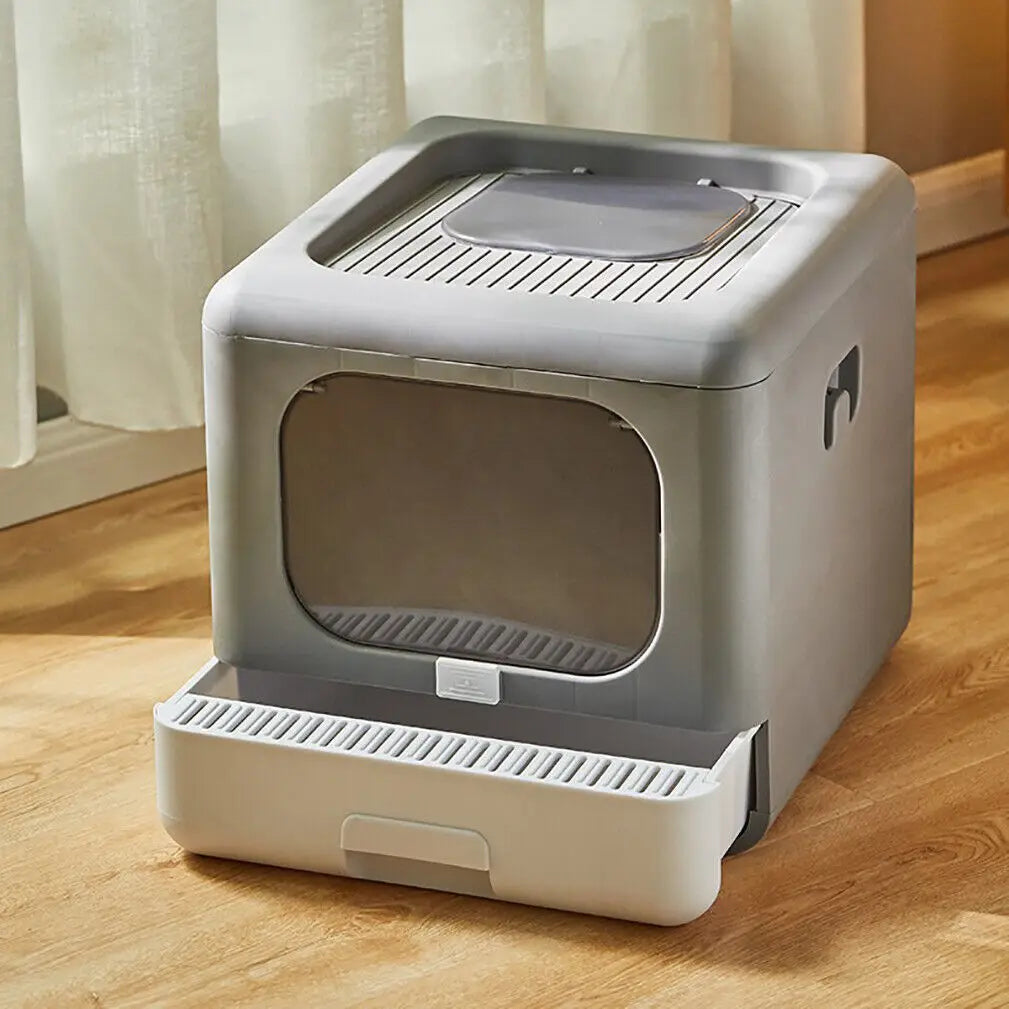 Enclosed Foldable Cat Litter Box with Scoop and Tray