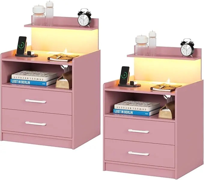 Set of 2 Nightstands with LED Lights & Charging Station – Modern Bedside Tables with Drawers, USB Ports & Open Storage