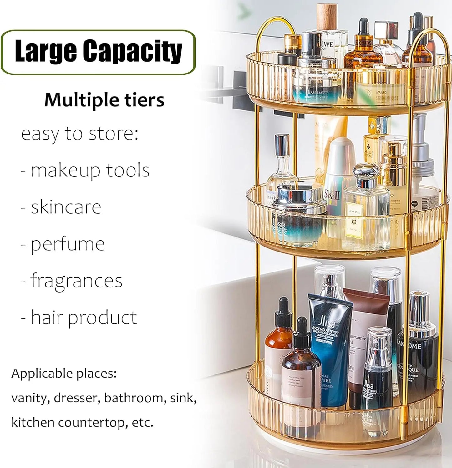 3-Tier Rotating Makeup Organizer – Clear High-Capacity Cosmetic & Skincare Storage for Vanity, Dresser, or Countertop