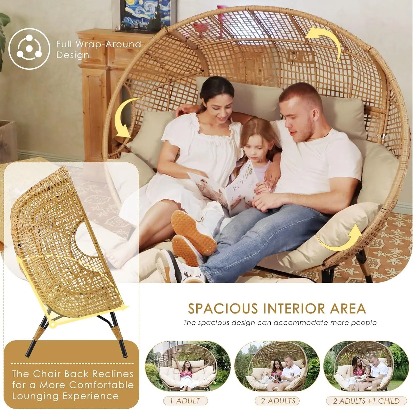 Oversized 2-Person Egg Chair with Thick Padded Cushions – Indoor/Outdoor Double Egg Loveseat, 680 lbs Capacity, Stationary Wicker Lounge Chair for Patio, Porch, Bedroom