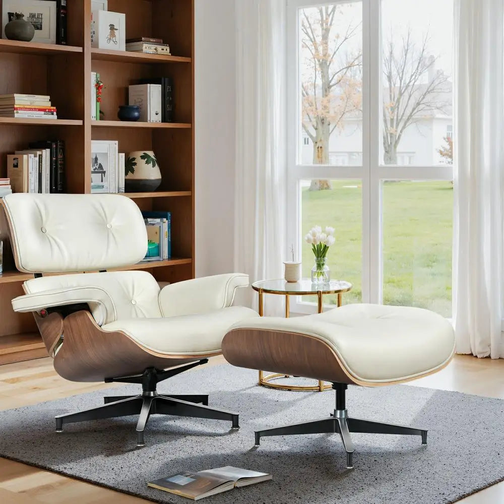 Mid-Century Modern Leather Lounge Chair with Ottoman – Vintage Accent Armchair for Living Room or Office