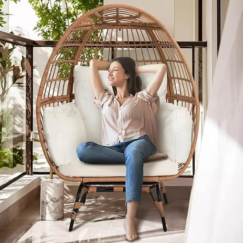 Outdoor Swivel Natural Rattan Egg Chair for Adult  with overstuffed Cushions