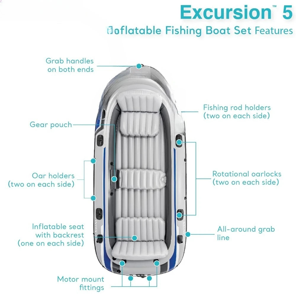 Excursion 5-Person Inflatable Boat Set – Includes 2 Aluminum Oars, High-Output Pump, 12V Transom Trolling Motor Mount Kit for Fishing & Recreation