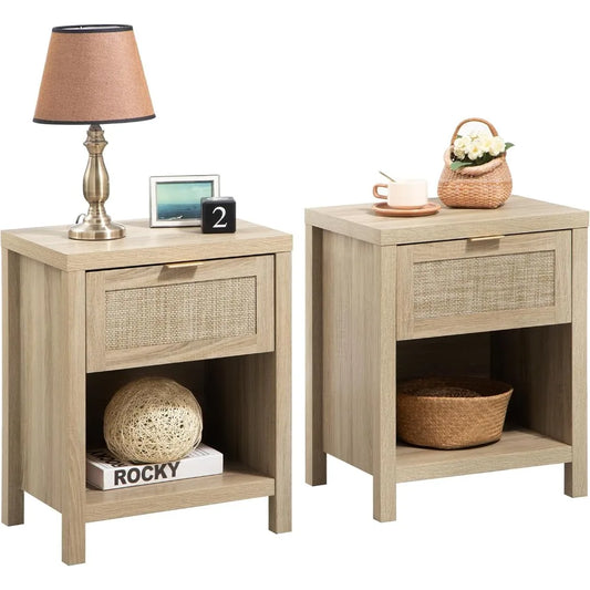 Rattan Nightstands Set of 2 – Farmhouse Bedside Tables with Drawer & Storage Shelf, Boho Chic End Tables with Wood Frame