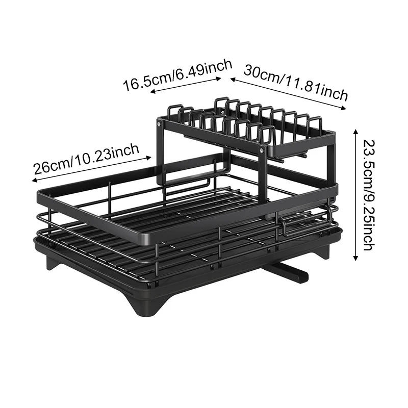 Large Dish Drying Rack for Kitchen Counter – Rustproof Black Dish Drainer with Drainboard, Adjustable Swivel Spout & Utensil Holder