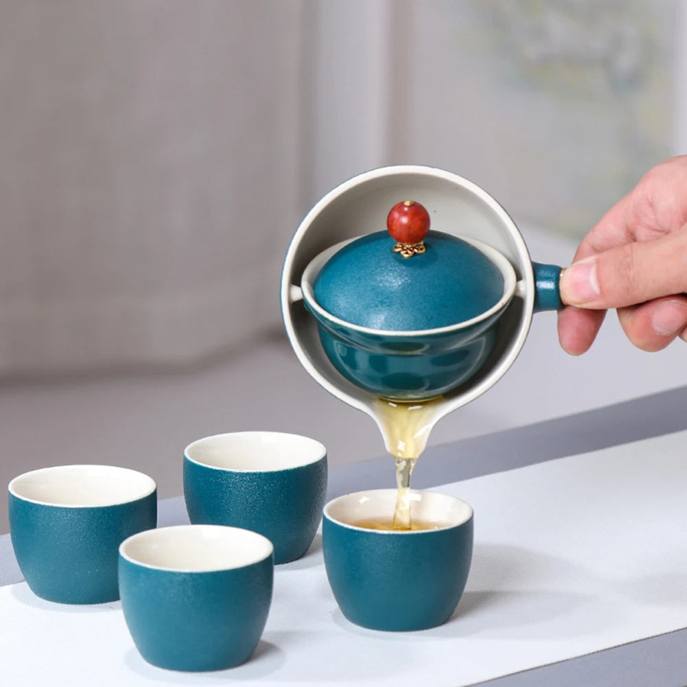 Portable Chinese Gong Fu Tea Set – 360° Rotating Semi-Automatic Ceramic Teapot with Infuser, Compact Teaware for Home, Office & Travel