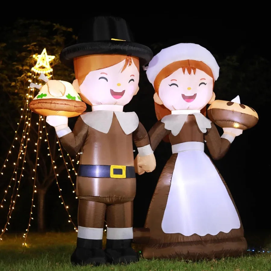 6FT LED Lighted Inflatable Pilgrim Boy and Girl – Thanksgiving Outdoor Yard Decoration for Fall & Holiday Season