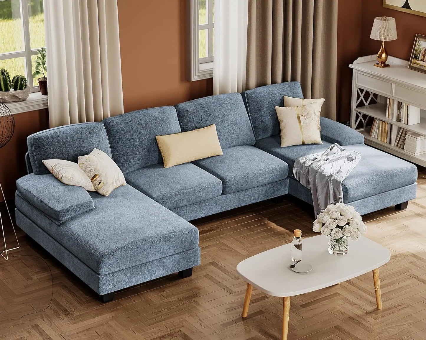 U-Shaped 4 Seat  And Double Chaise Sofa Couch with Linen Fabric