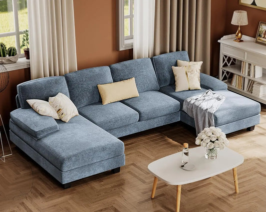 U-Shaped 4 Seat  And Double Chaise Sofa Couch with Linen Fabric