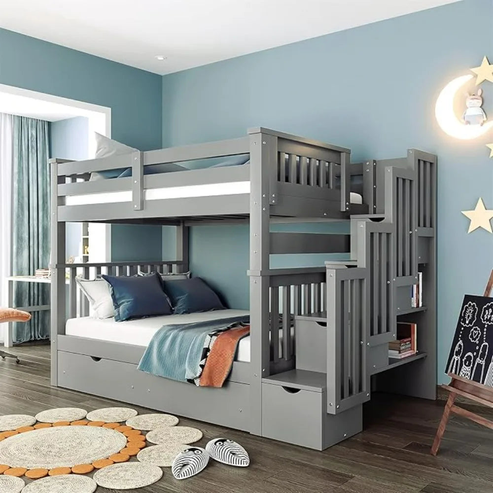 Full Over Full Bunk Bed with Staircase and Storage – Convertible Wood Bunk Bed Frame with Drawers, Shelves, Guardrails, and Solid Pine Construction