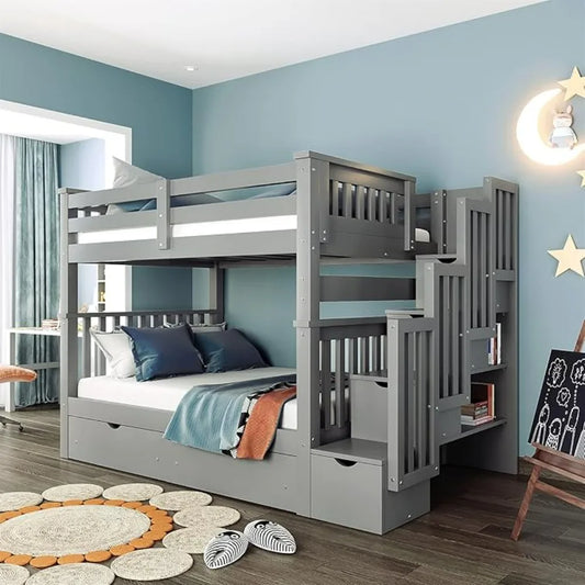 Full Over Full Bunk Bed with Staircase and Storage – Convertible Wood Bunk Bed Frame with Drawers, Shelves, Guardrails, and Solid Pine Construction