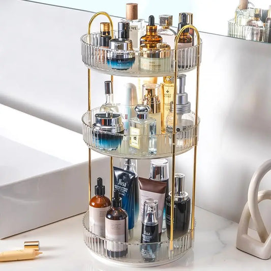 3-Tier Rotating Makeup Organizer – Clear High-Capacity Cosmetic & Skincare Storage for Vanity, Dresser, or Countertop