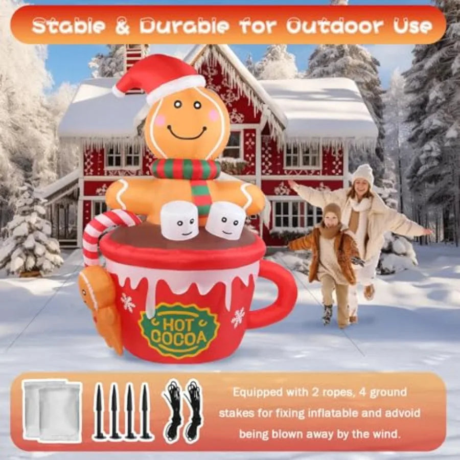 6FT Gingerbread Man in Hot Cocoa Cup Inflatable with LED Lights – Outdoor Christmas Yard Decoration