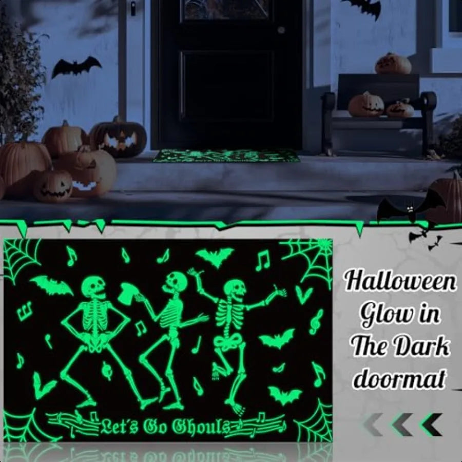 Halloween Glow in the Dark Dancing Skeleton Doormat – "Let’s Go Ghouls" Luminous Entrance Rug 17x27" Decorative Glow-in-the-Dark Kit