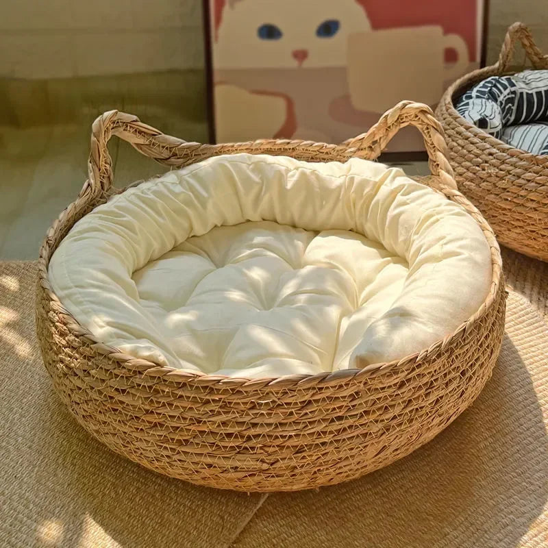 Four Seasons Handmade Woven Vine Cat Nest – Detachable, Washable Pet Bed with All-Season Cushion for Cats & Small Pets