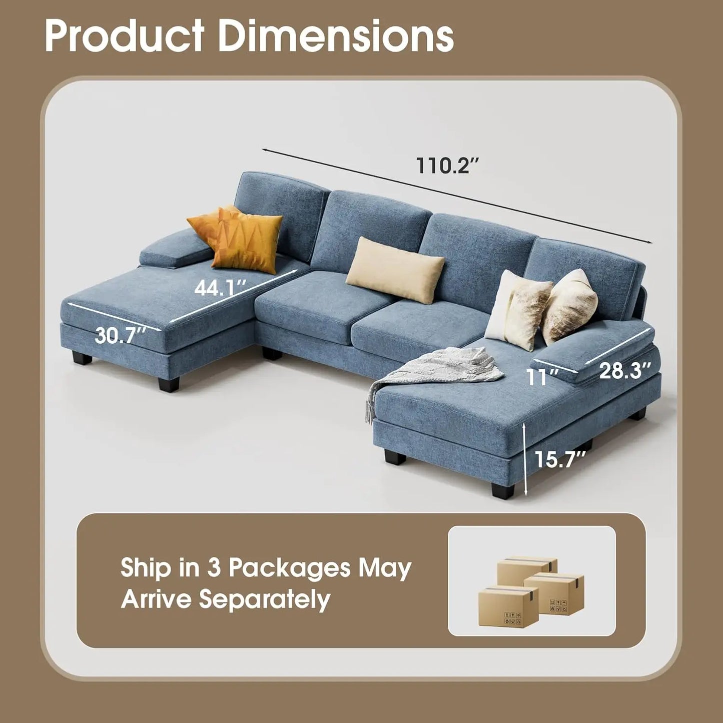 U-Shaped 4 Seat  And Double Chaise Sofa Couch with Linen Fabric
