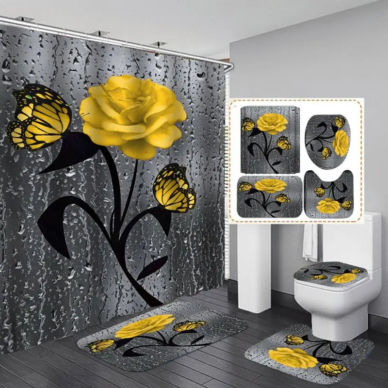 4PCS Bathroom Shower Curtain Set with Non-Slip Rugs, Toilet Seat Cover, Bath Mat & Doormat – Waterproof & Durable Bathroom Home Decor