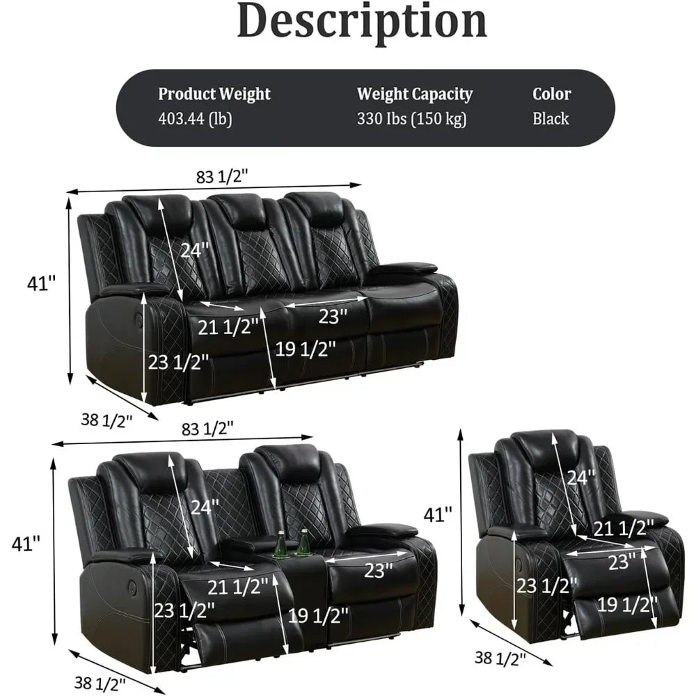 Theater Style Power Leather Recliner and Sofa Set with USB Ports and Storage Console