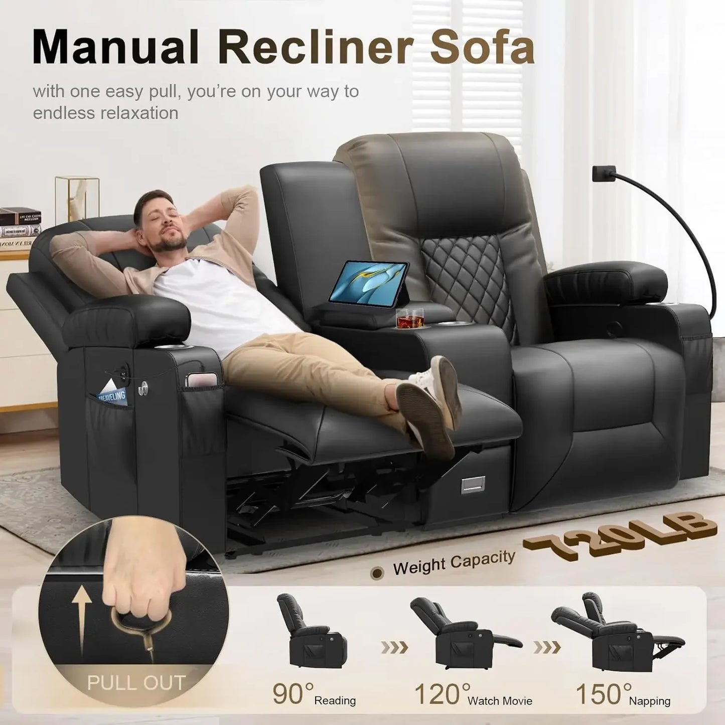 Large Loveseat Recliner Sofa with Storage Console and USB Ports