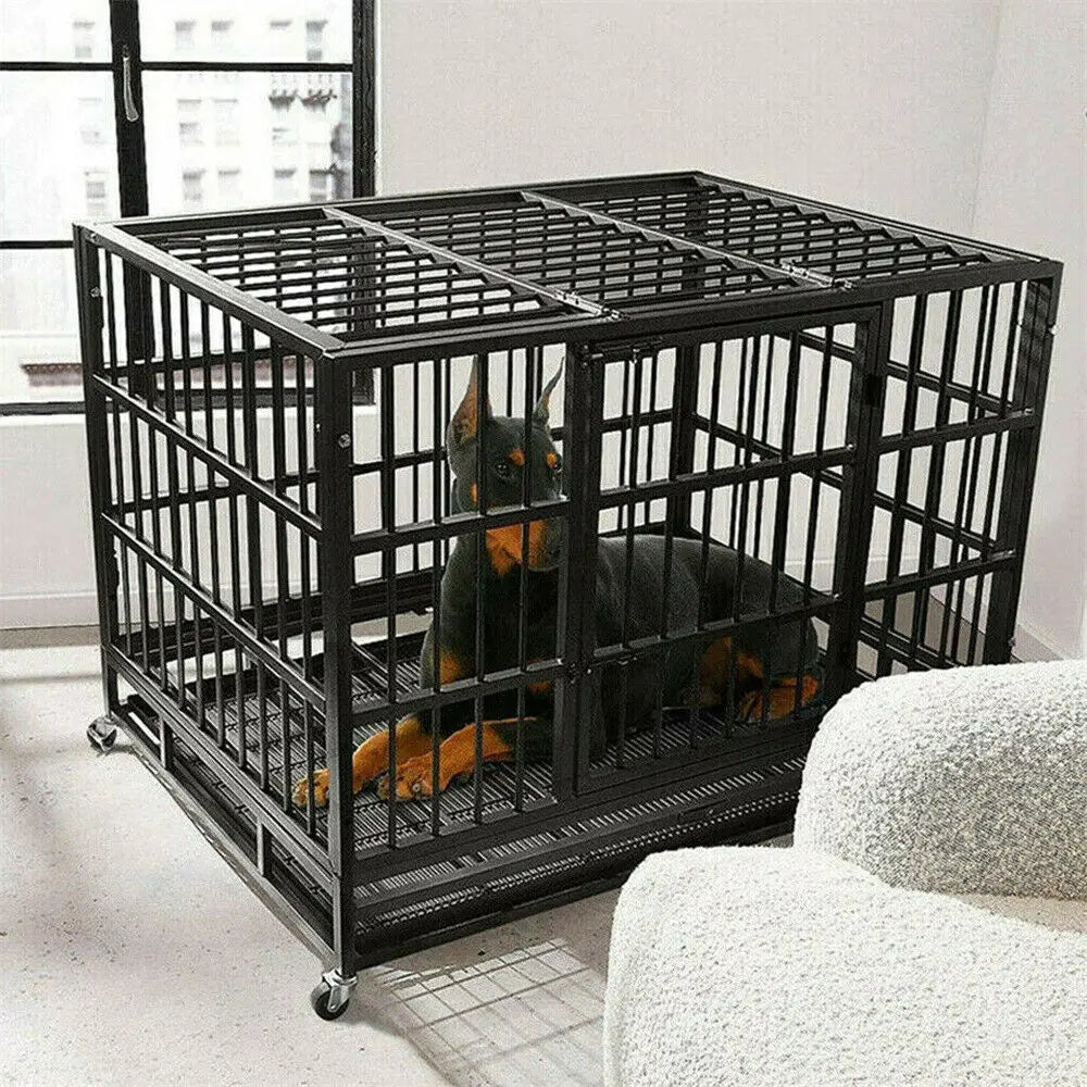 Heavy Duty Dog Crate with Wheels – L/XL/XXL Metal Pet Kennel with 3 Doors & Removable Tray