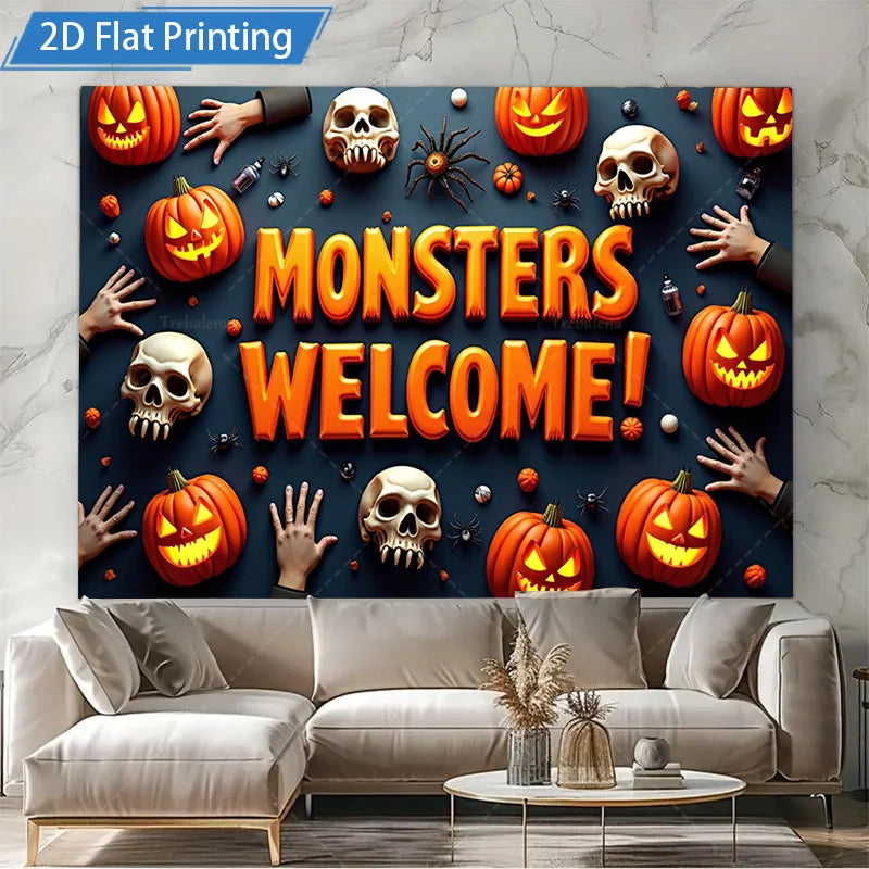 Halloween Wall Tapestry – Monsters, Skulls & Pumpkins, Spooky Welcome Décor for Home, Bedroom, or Party