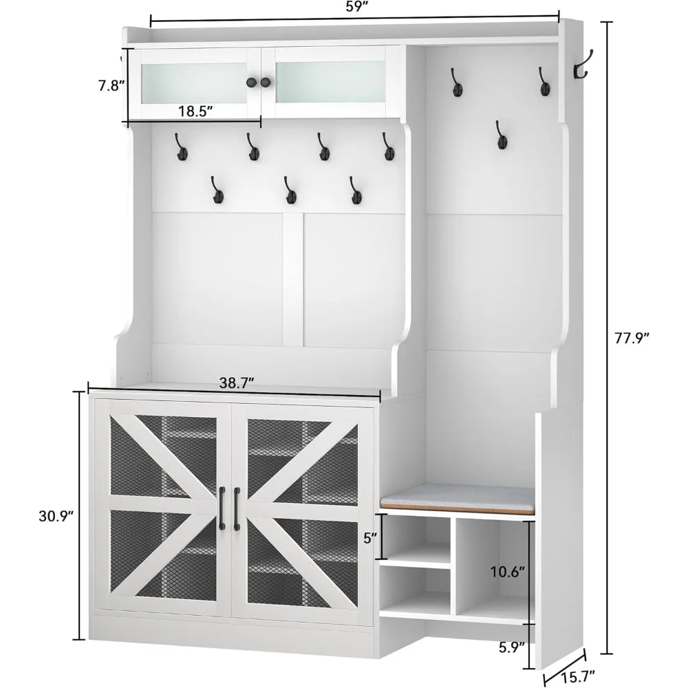 Farmhouse Hall Tree with Bench – Entryway Mudroom Organizer with 18 Shoe Cubbies, 12 Coat Hooks & Storage Bench