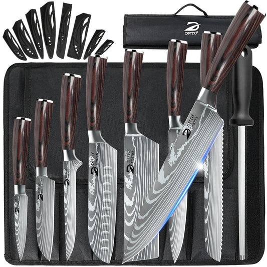 8-Piece Kitchen Knife Set – Damascus Stainless Steel Chef, Utility, Paring, Boning, Cleaver, Slicing & Santoku Knives with Nylon Bag