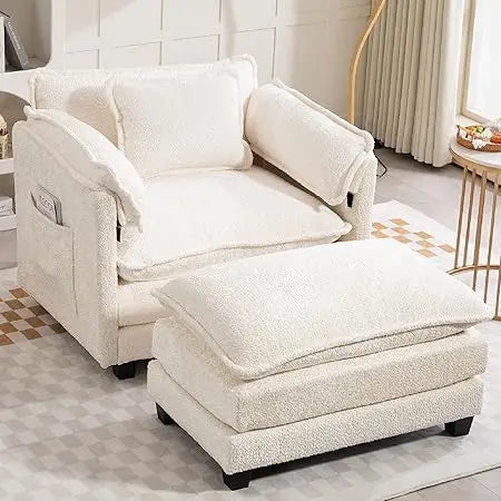 Oversized Boucle Accent Chair with Storage Ottoman – Cozy Double Cushion Reading Armchair, Deep Seating Lounge Chair for Living Room, Bedroom, or Apartment