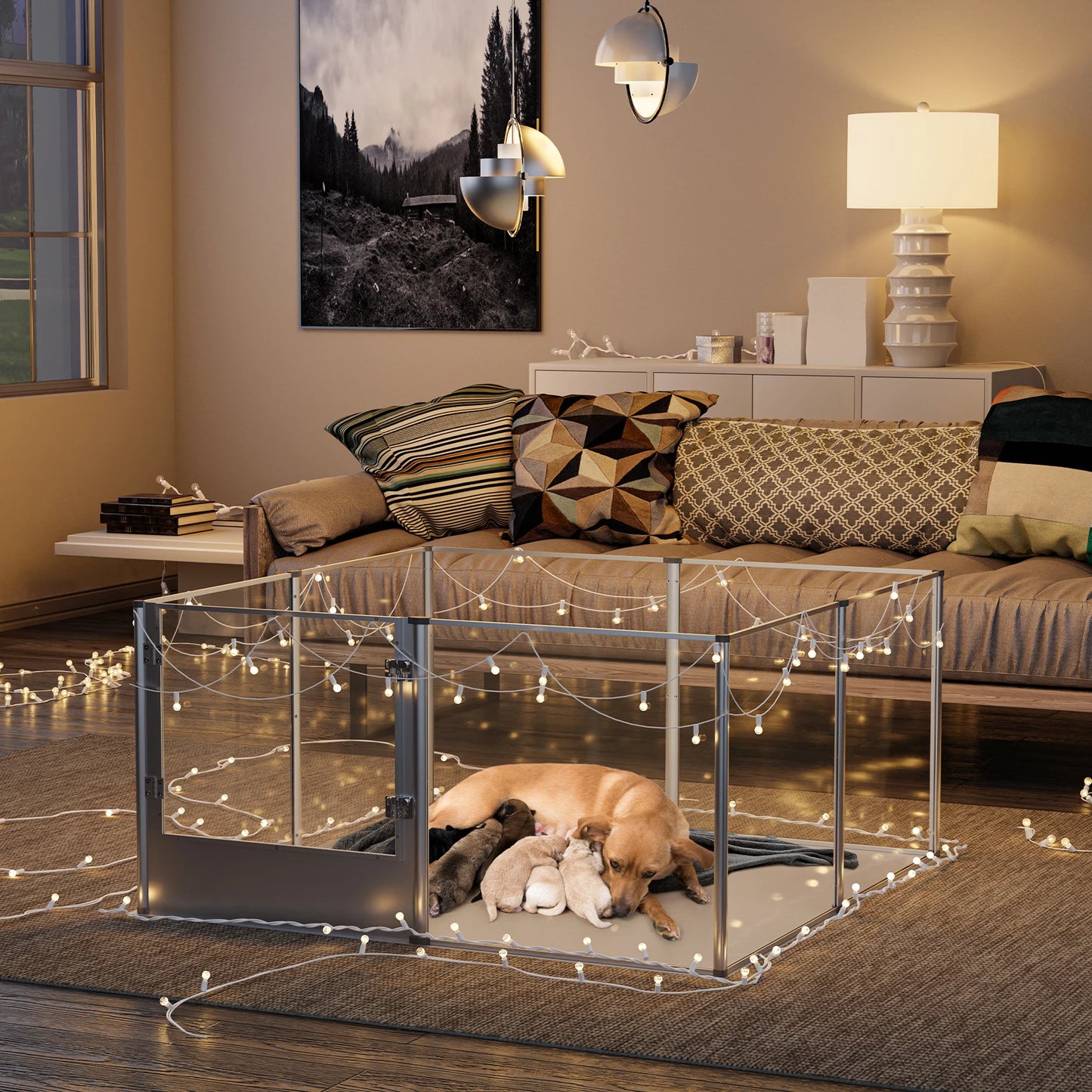 BingoPaw Clear Acrylic Dog Playpen Fence – Transparent Pet Exercise Pen with Waterproof Whelping Pad for Cats, Puppies, and Small Animals