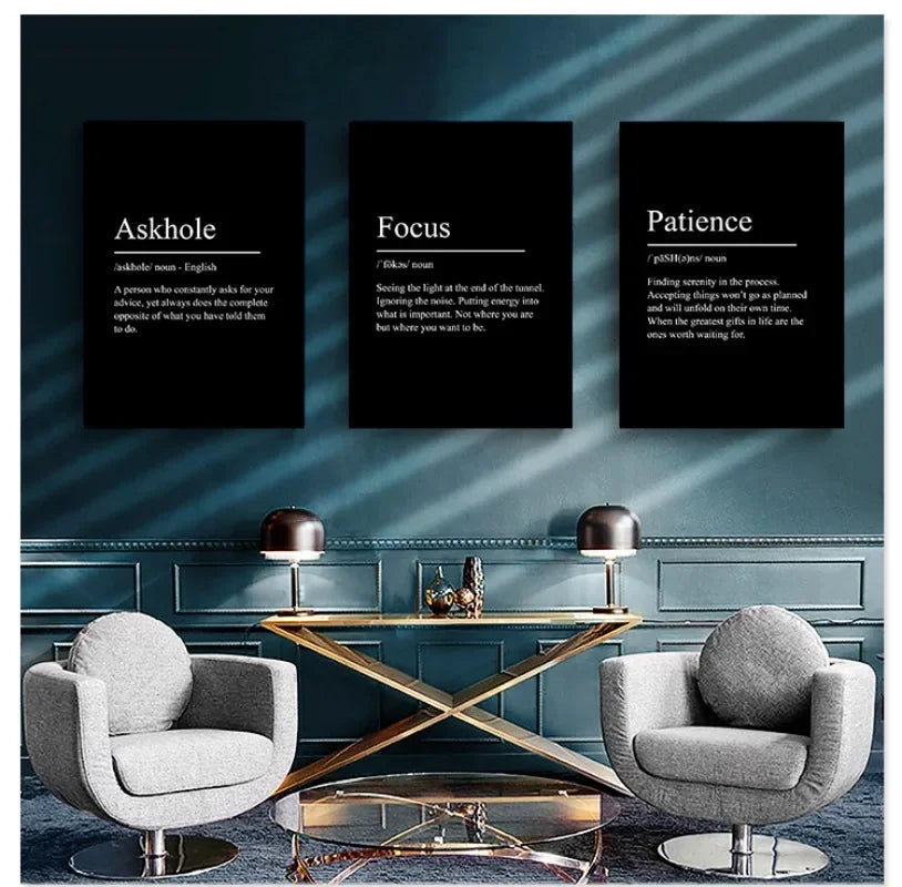 Black Minimalist Inspirational Phrases Poster – Success, Focus, Patience Definition Canvas Wall Art for Home & Office Decor