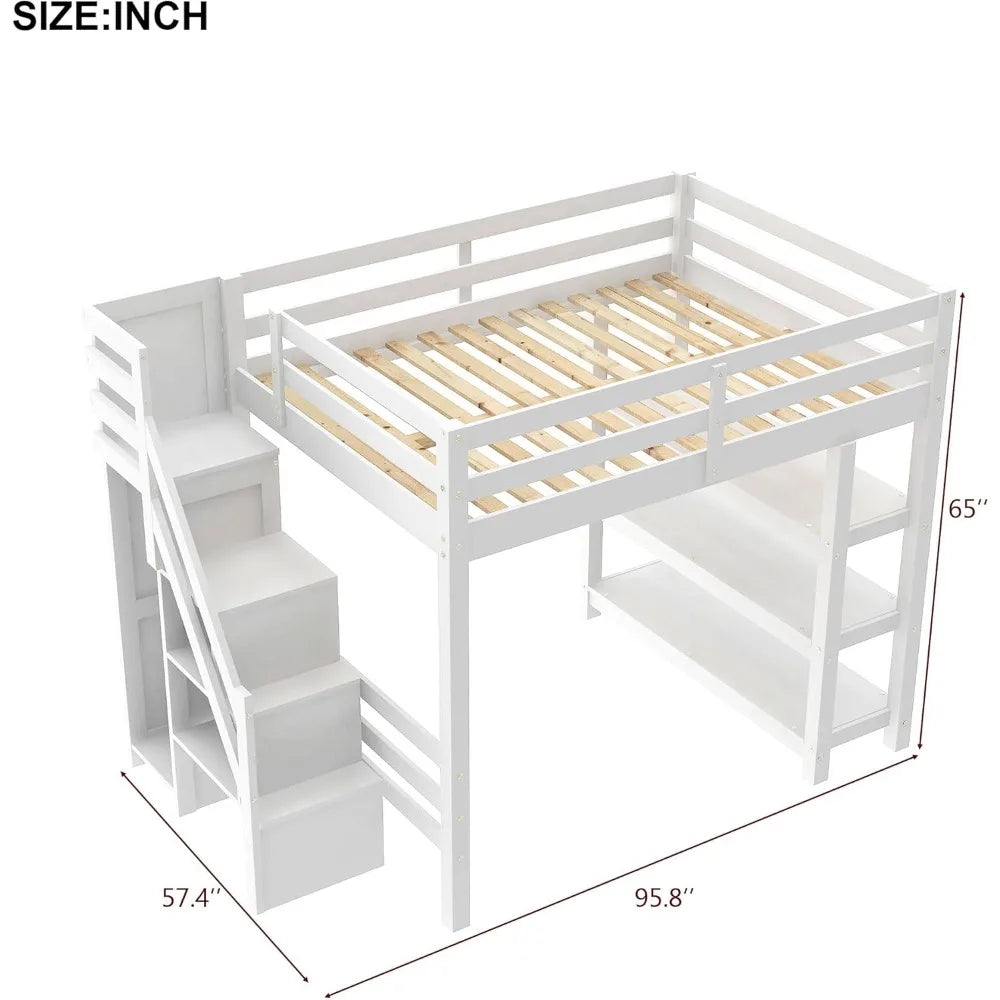 Full Size Loft Bed with Stairs, Storage Shelves & Bookshelf – Wooden Loft Bed Frame with Built-In Lights, Space-Saving Design for Kids, Teens, and Adults