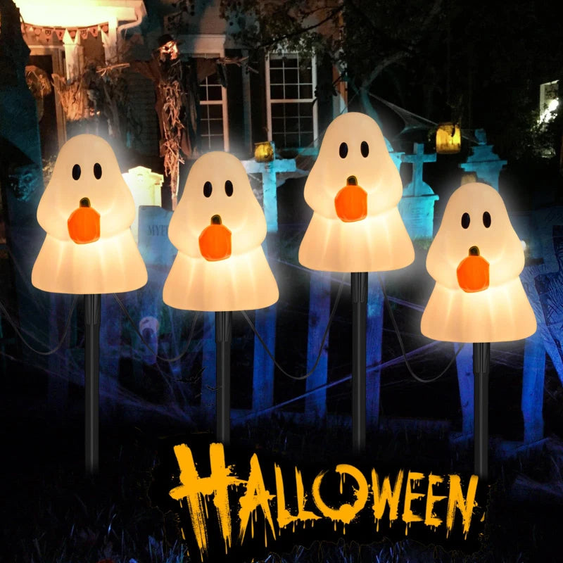 All Saints' Day 7FT Ghosts Pathway String Light – 4 White Ghost Stake Lights, Waterproof Outdoor Garden & Holiday Decoration