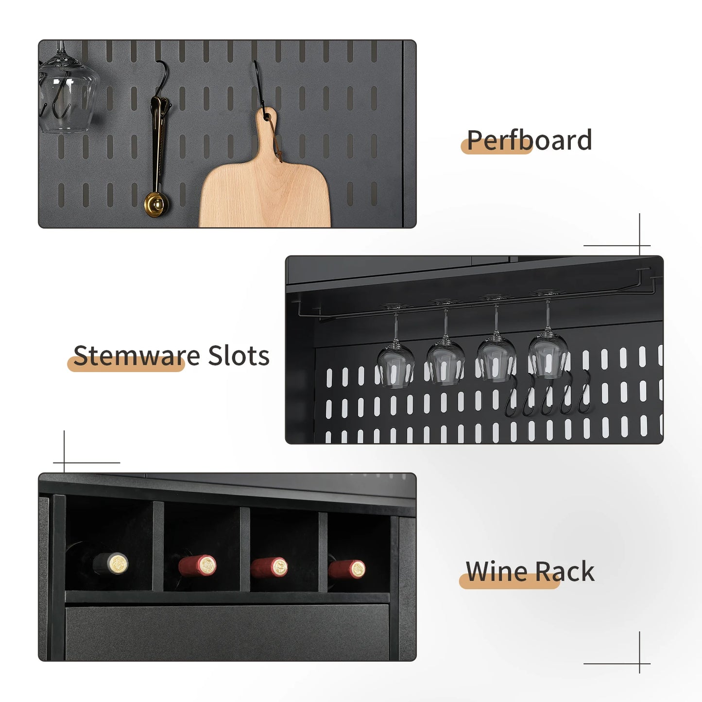 Pantry Cabinet – Freestanding Kitchen Storage Buffet Hutch with Pegboard, Cup Holder & Power Outlet, Black