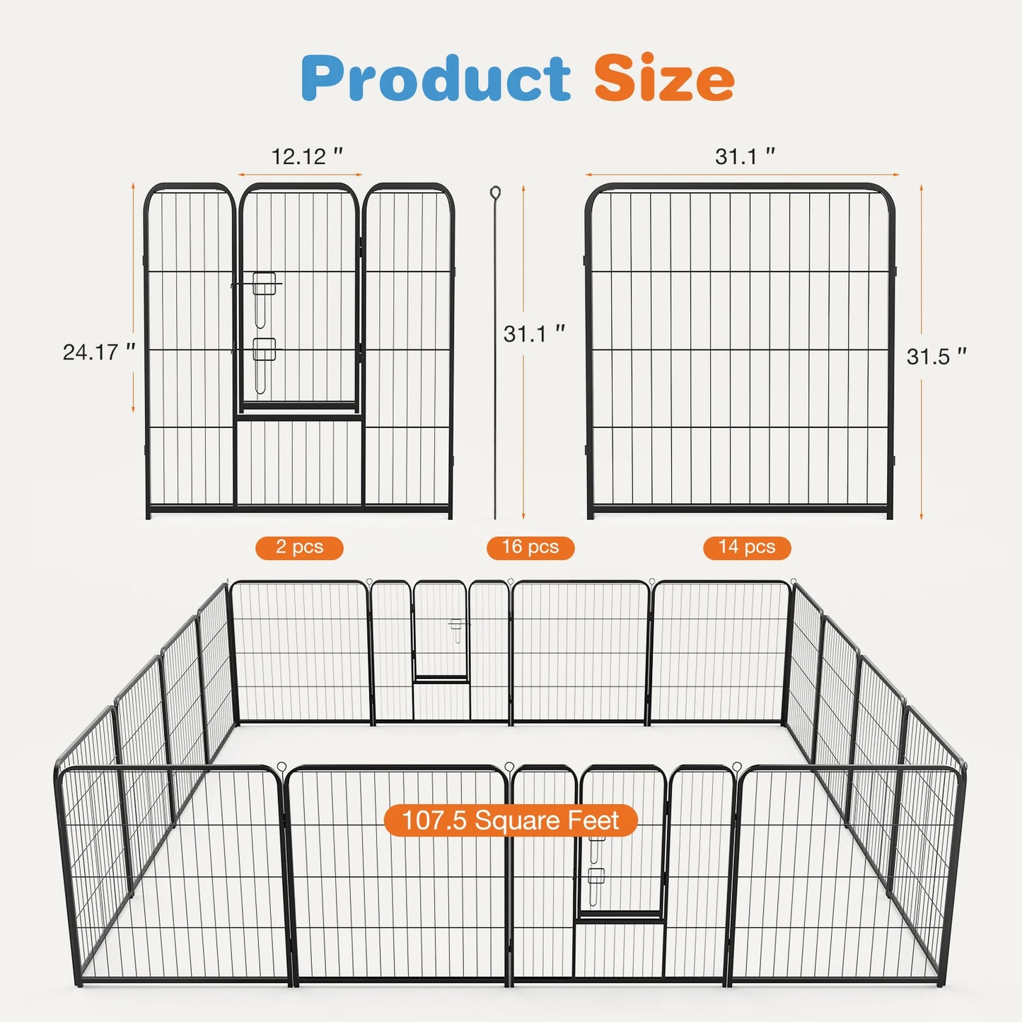 JHK 16-Panel Heavy Duty Dog Playpen – Indoor/Outdoor Metal Pet Fence with Gate, Portable Exercise Crate for Yard, Camping, or Home Use