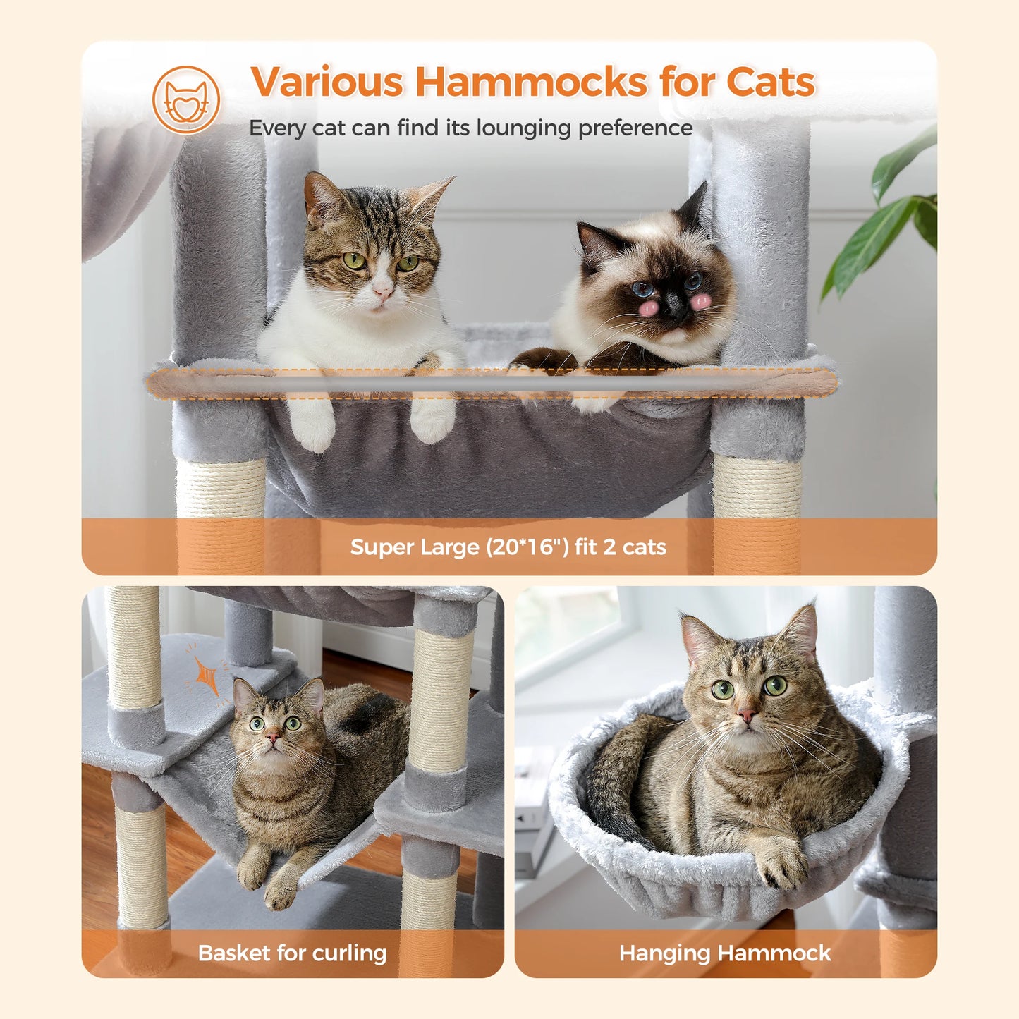 Large Cat Indoor Tree Tower with Super Big Hammock, Climbing Trees and Scratching Post