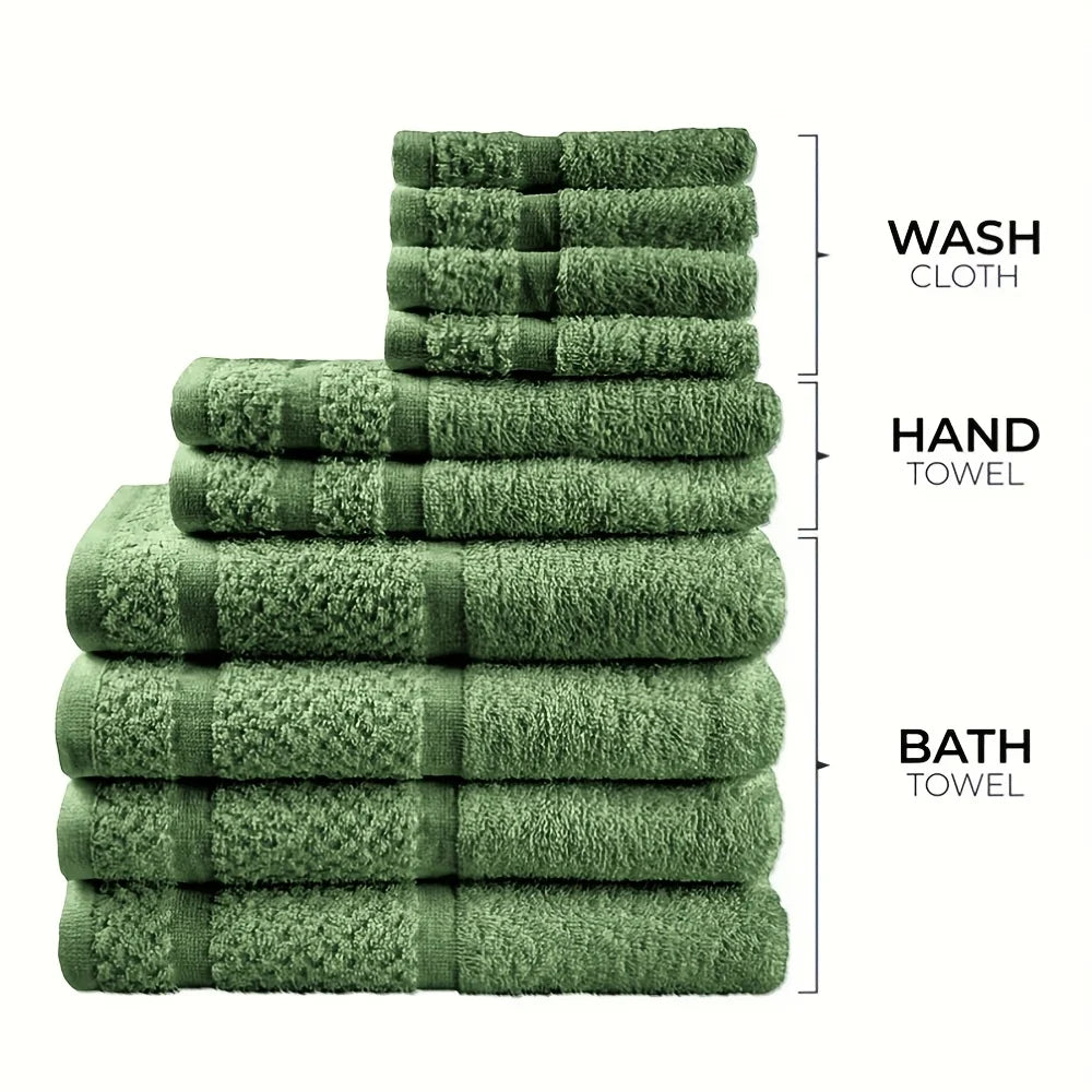 10-Piece Cotton Bath Towel Set – 4 Bath Towels, 2 Hand Towels & 4 Washcloths – Absorbent, Quick-Drying Solid Color Towels for Bathroom