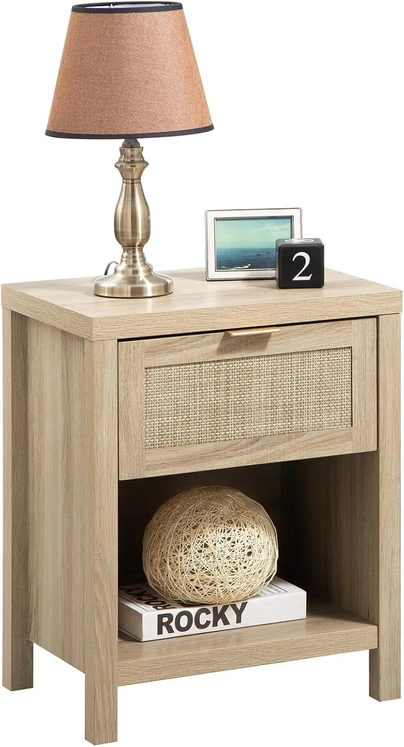 Rattan Nightstands Set of 2 – Farmhouse Bedside Tables with Drawer & Storage Shelf, Boho Chic End Tables with Wood Frame