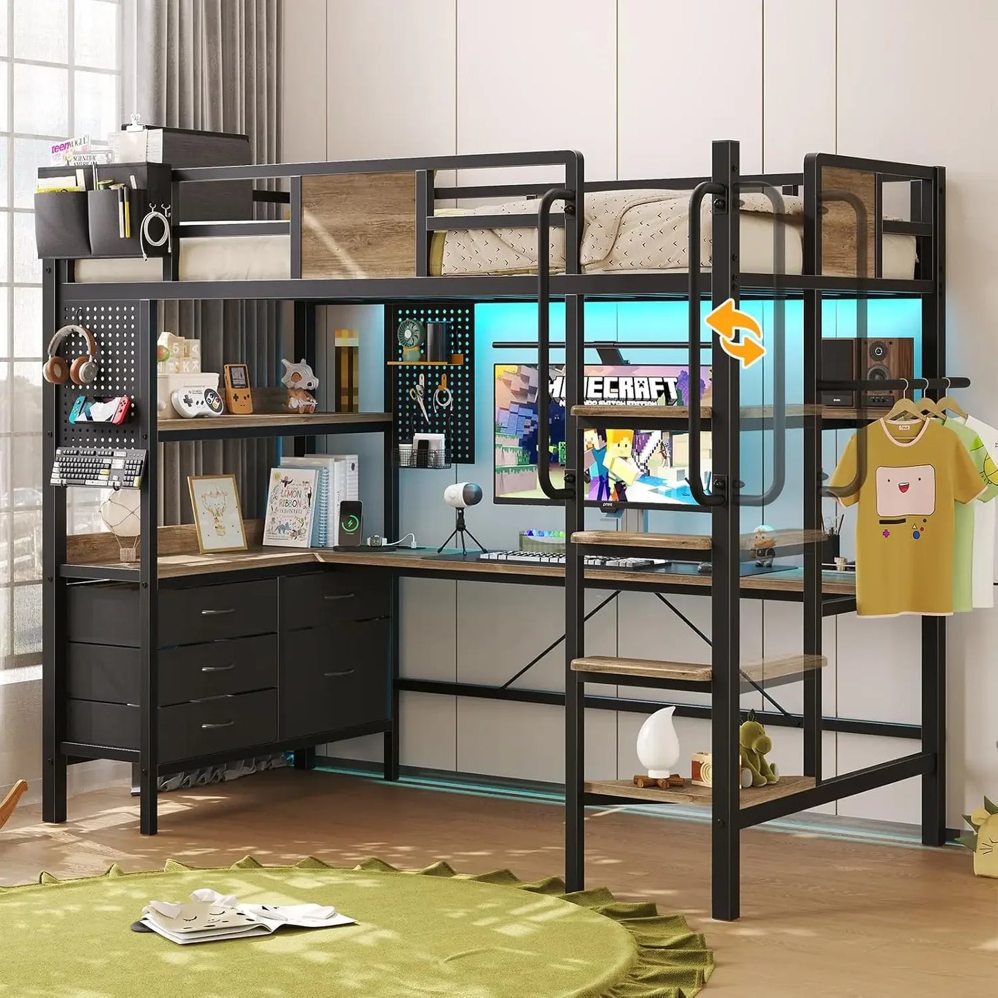 Twin Size Metal Loft Bed with L-Shaped Desk, LED Lights & Charging Station – Space-Saving Bunk Bed with Storage Shelves, 78" Length