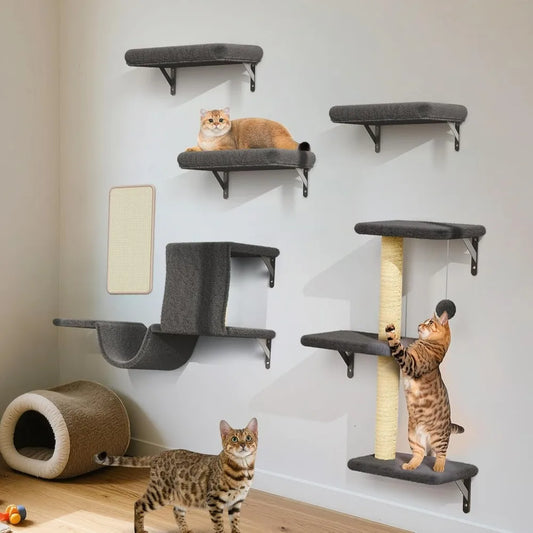 6 in 1 Pet Walls Shelves Set with Wooden Cat Climber, House, Bridge, Tree, Steps
