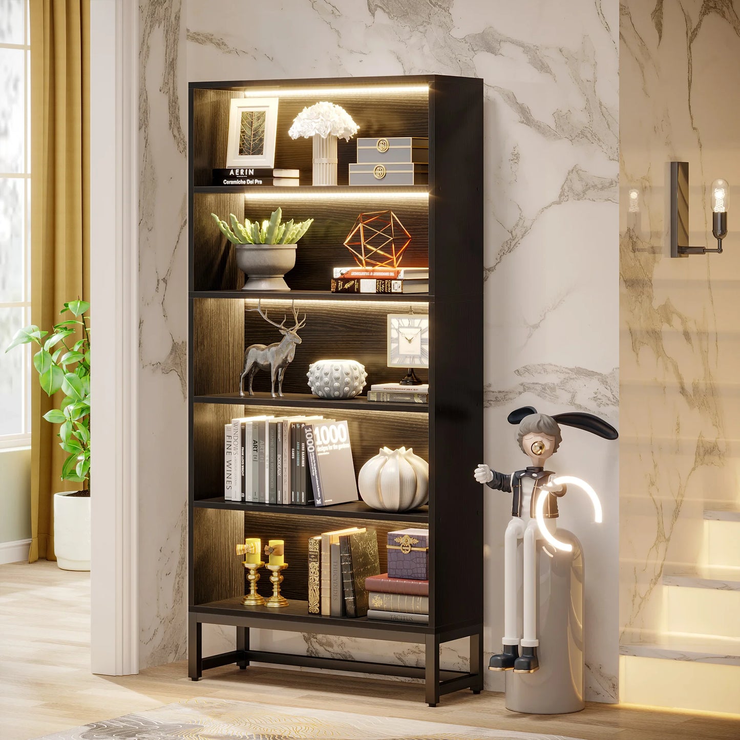 Large Heavy Duty Bookcase 70.8” with LED Lights