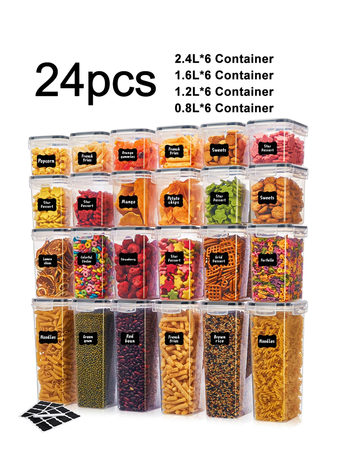 24PCS Airtight Food Storage Containers with Lids – BPA-Free Plastic Pantry Organization Set with Labels & Marker – Kitchen Canisters for Flour, Sugar, Snacks, Cereal & More
