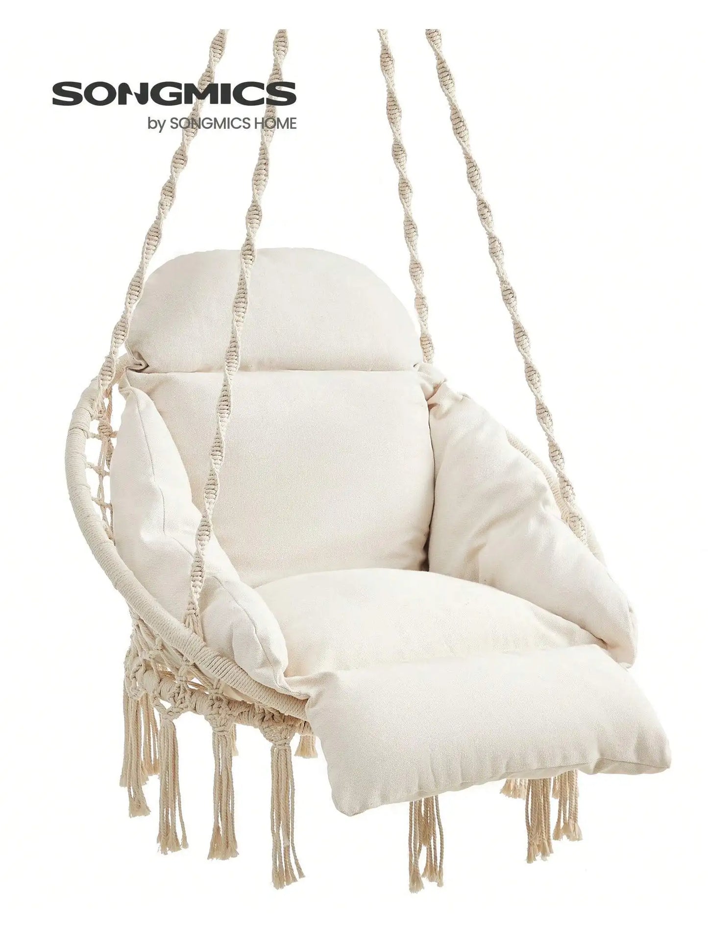 SONGMICS Hanging Chair – Boho Hammock Chair with Large Thick Cushion for Bedroom, Patio, Balcony & Garden