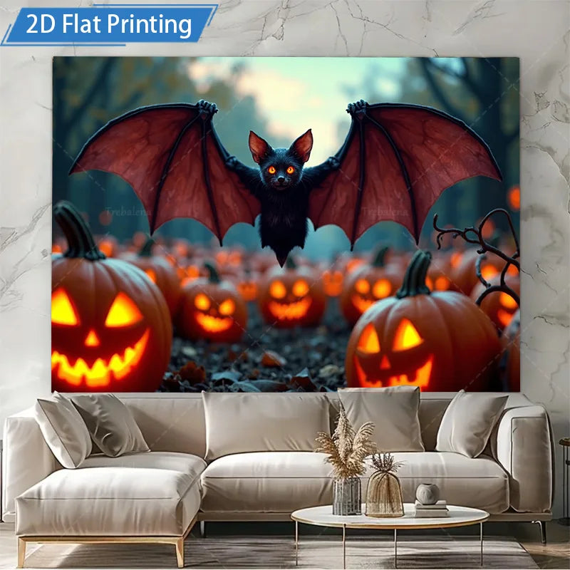 Halloween Wall Tapestry – Bat & Pumpkins Spooky Forest Scene, Seasonal Wall Hanging Décor for Home, Bedroom, or Party