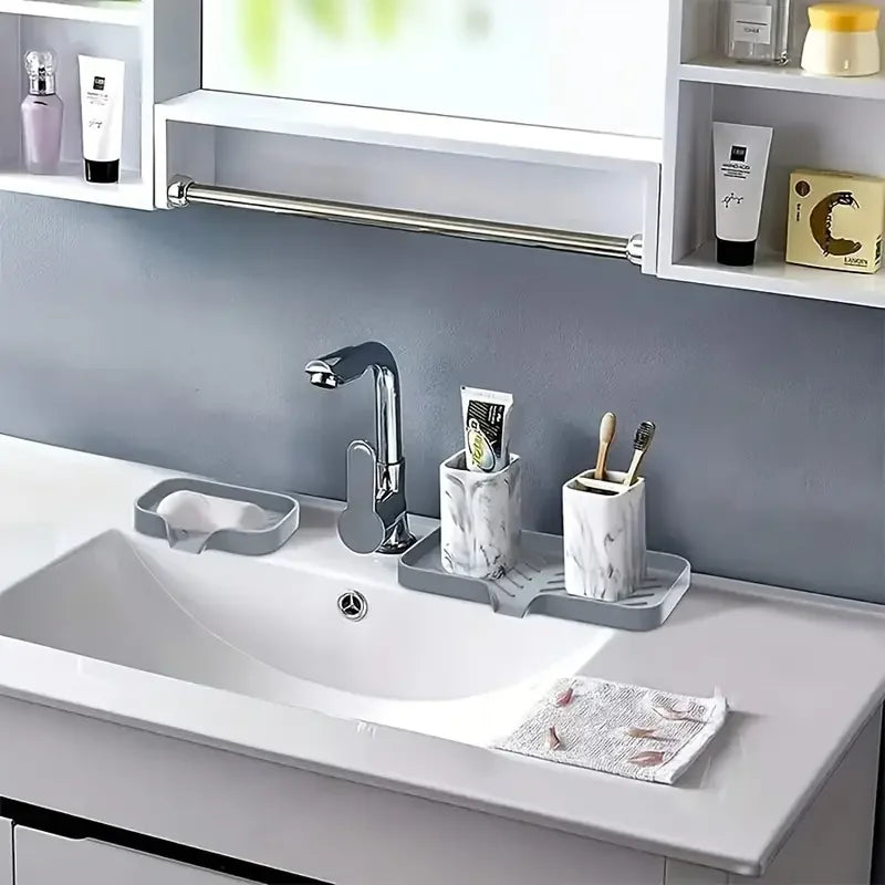 Silicone Faucet Mat & Sink Tray – Splash Guard Drying Mat for Kitchen Sink with Soap Dispenser, Sponge Holder, and Countertop Storage