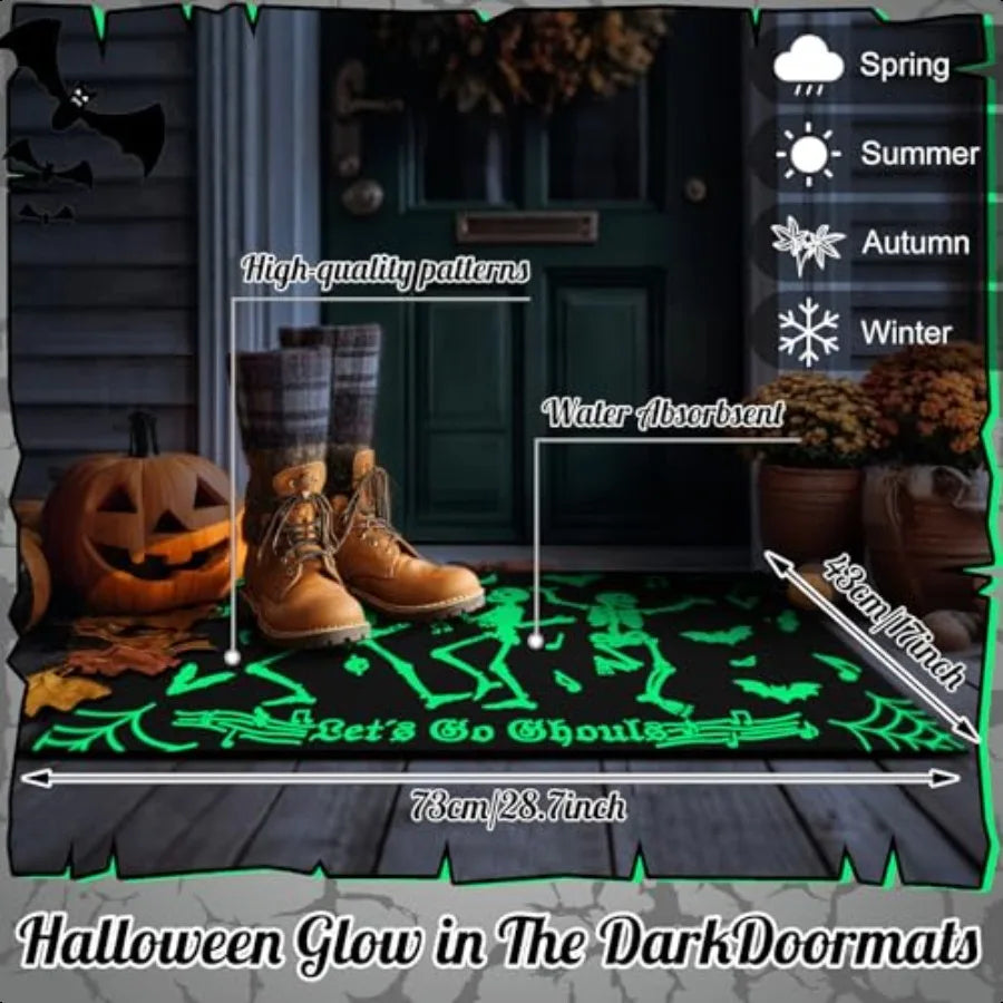 Halloween Glow in the Dark Dancing Skeleton Doormat – "Let’s Go Ghouls" Luminous Entrance Rug 17x27" Decorative Glow-in-the-Dark Kit