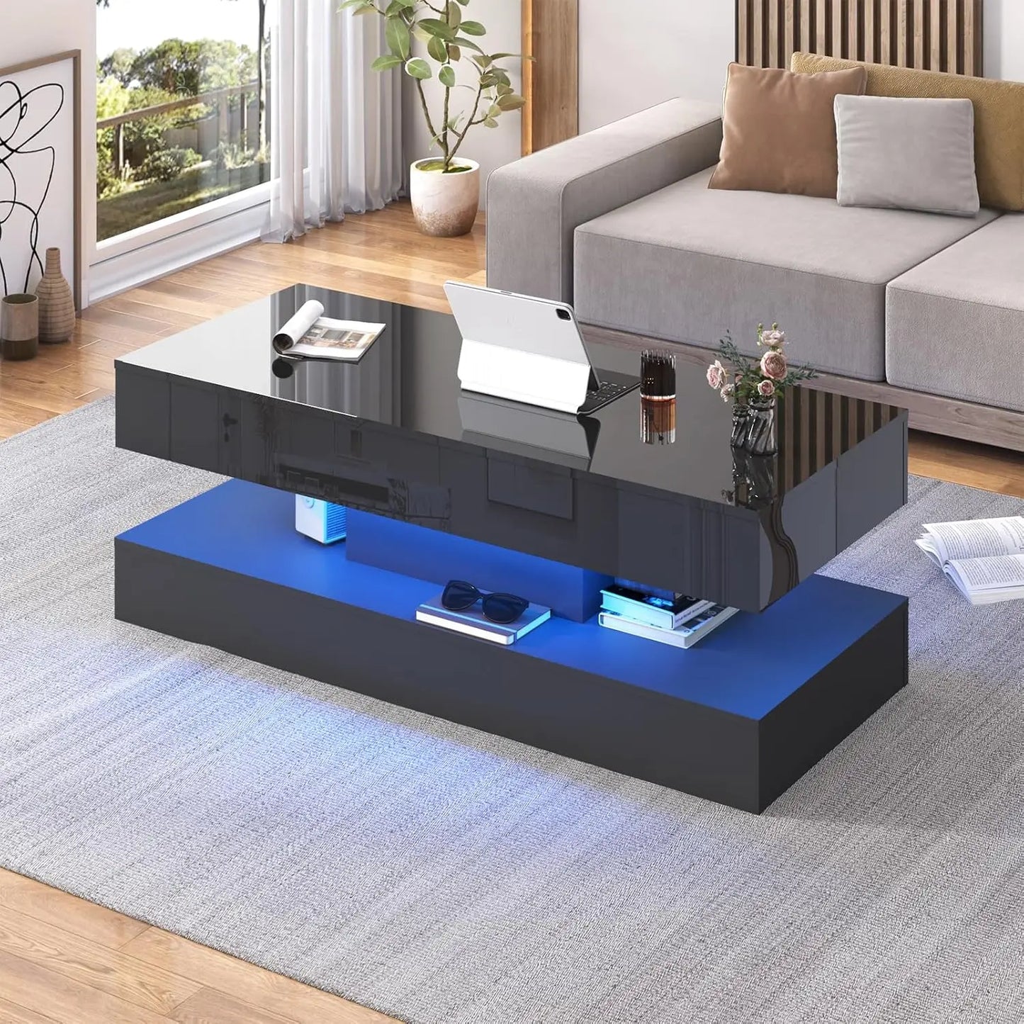 Modern Stylish Coffee Table with LED Lights & Double-Layer Design