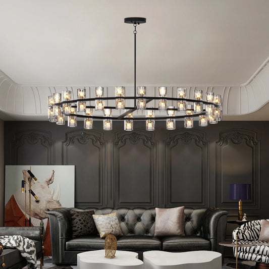Wagon Wheel Chandelier – 48" Modern Black Round Crystal Light Fixture for Dining Room & Living Room