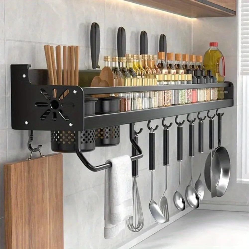 Wall-Mounted Kitchen Organizer Shelf – Multifunctional Spice Rack with Knife Holder, Utensil Hooks & Seasoning Storage
